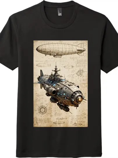 Discover Steampunk Aircraft Design Blueprint Printed T-shirt|Unisex Short-Sleeve Top