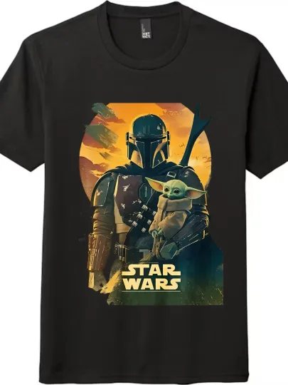 Discover Star Wars Mandalorian & Baby Yoda Cartoon T-shirt|Unisex Tee Casual Short-sleeve