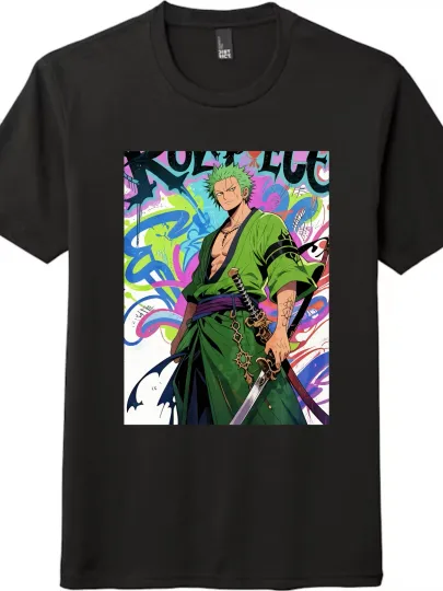 Green Kimono Style Tee  - Zoro Print and Sword Design for Cosplay and Anime Fans