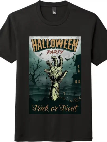 Discover Halloween "Trick or Treat" Zombie Hand Printed T-Shirt | Unisex Short-Sleeve Top