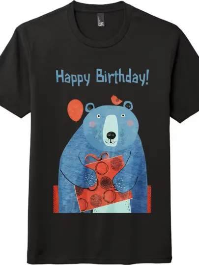 Discover Cute Bear Birthday-Themed Tee - Short-Sleeve Top with Gift-Holding and Balloon