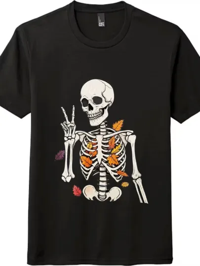 Discover Peace Sign Skeleton with Fall Leaves Tee, Comfortable Short-Sleeve Trendy Tee