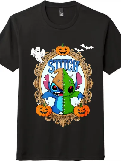 Discover Halloween Stitch Printed T-Shirt| Cartoon Playful Style Unisex Short-Sleeve Top