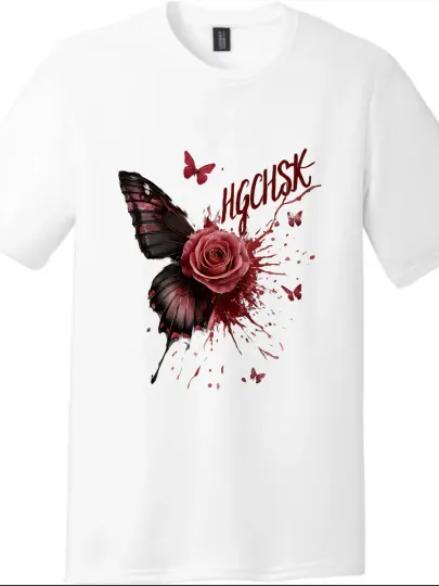 Discover The "HGCHSK" Printed T-shirt with Butterfly Rose Features A Dark and Trendy Look