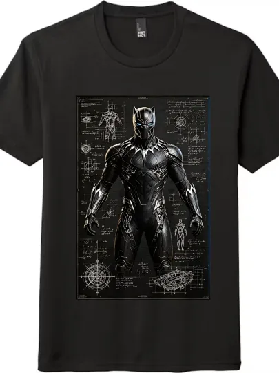 Black Panther Armor Design Blueprint Printed T-shirt|Unisex Short-Sleeve Top