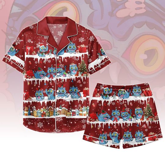 Christmas Derpy Tiger Pajama Set with Pocket, Tiger Demon Hunter Costume, Blue Tiger Cosplay Sleepwear