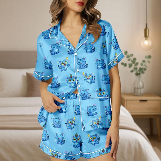 Discover Derpy the Tiger Satin Pajamas Set, Blue Tiger Sleepwear, Tiger Demon Hunters Short Pajama Set, Hunters Tiger Bridesmaid Sleepwear