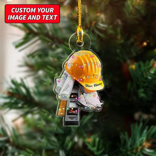 Discover Personalized Construction Worker Set Christmas Ornament, Custom Construction Equipment Ornament, 2D Flat Christmas Tree Hanging Ornament