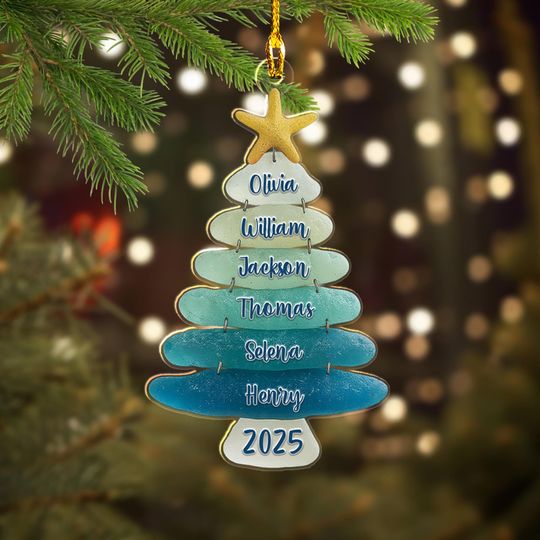 Personalized Sea Glass Family Tree Ornament, Custom Big Family Name Acrylic Christmas