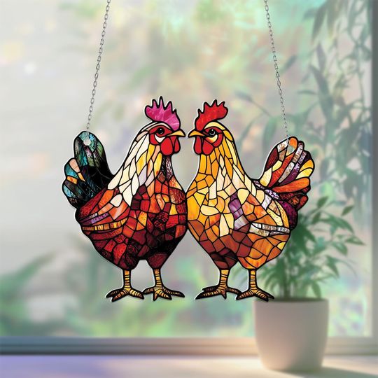 Discover Couple Chicken Acrylic Window Ornament: Farmhouse Decor