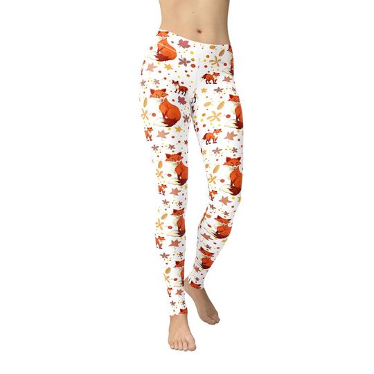 Fox & Leaves Leggings, Cute Fox Pattern, Animal Lover Gift, Autumn Fashion, Yoga Pants