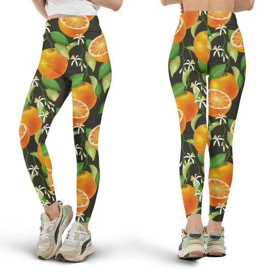 Orange Floral Leggings for Women, High Waisted Leggings, Workout Leggings, Spring Leggings, Gift for Her