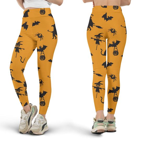 Halloween Orange Leggings, Festive Pattern, Spooky Season, Pumpkin, Ghost, Jack-o'-lantern, Fun Workout Clothes, Yoga Pants