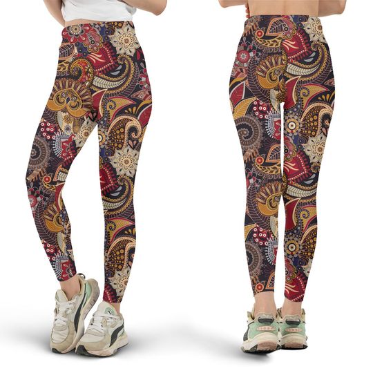 Discover Indian Paisley Floral Leggings, Boho Style, Hippie Clothes, Bohemian Fashion, Yoga Pants
