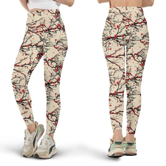 Japanese Cherry Blossom Leggings, Pink Floral Yoga Pants