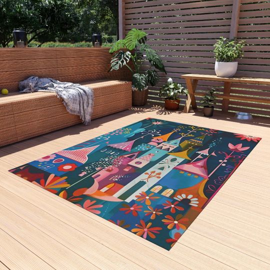 Discover Magical Mary Blair-Inspired Castle Indoor/Outdoor Rug | Non-Slip Small World Castle Decor | Magical Whimsy Home Decor