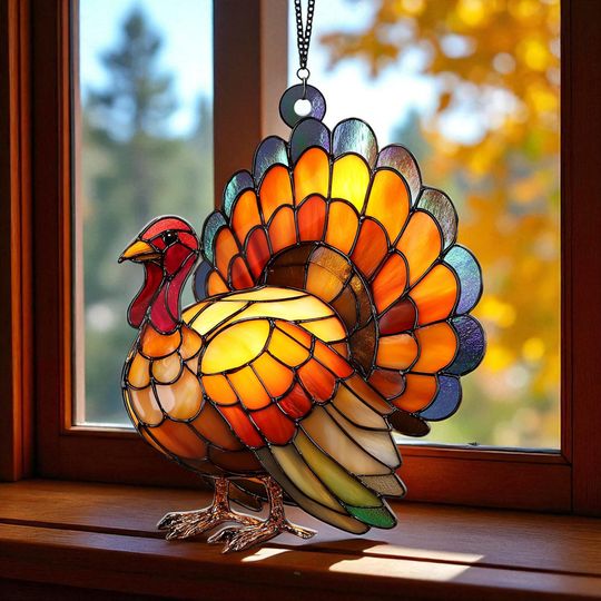 Turkey Stained Glass Suncatcher, Thanksgiving Window Hanging Decoration, Autumn Harvest Home Decor, Fall Gift Idea