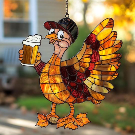 Thanksgiving Turkey With Beer Acrylic Window Hanging  Harvest Faux Stained Glass Suncatcher Gift For Fall Kitchen Decor