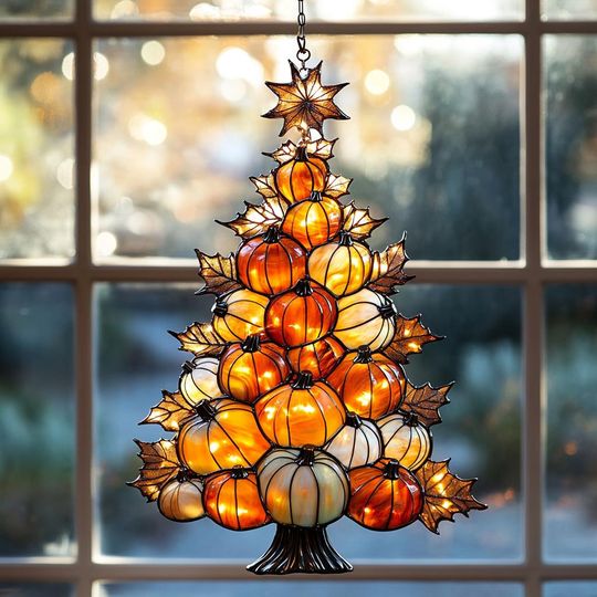 Pumpkin Tree Acrylic Suncatcher - Fall Faux Stained Glass Window Hanging - Harvest Thanksgiving Window Decor Gift
