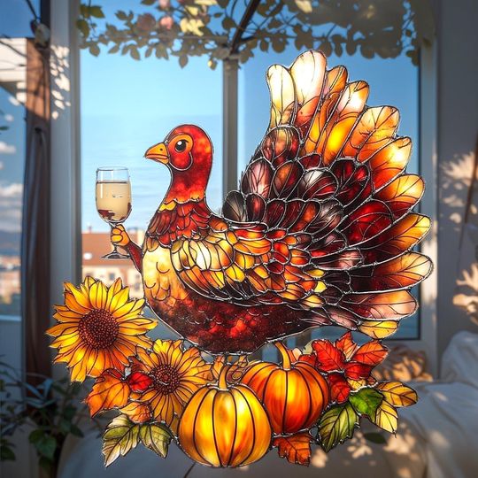 Festive Turkey With Wine ACRYLIC Suncatcher, Faux Stained Glass Fall Harvest Window Hanging, Thanksgiving Pumpkin Sunflower Gift