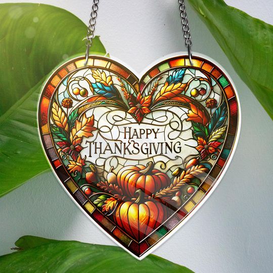 Heart Thanksgiving Acrylic Window Hanging Decor Faux Stained Glass Suncatcher Fall Decor Pumpkin Leaf Suncatcher Autumn Harvest Window Panel