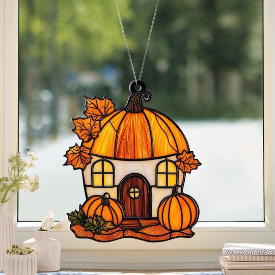 Pumpkin House Autumn Suncatcher, Pumpkin House Hanging Ornament Decor, Autumn Thanksgiving Suncatcher, Fall Decor, Autumn Decor TD-1001-DUH2
