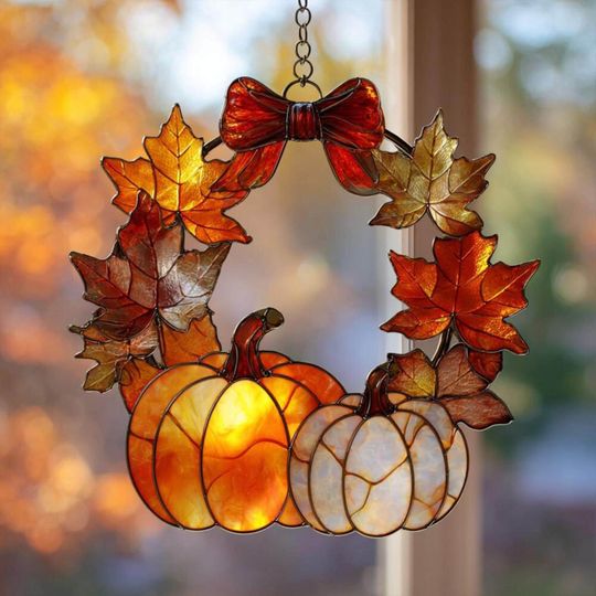 Autumn Maple Leaves & Pumpkin Acrylic Suncatcher, Fall Wreath Faux Stained Window Hanging, Thanksgiving Decor