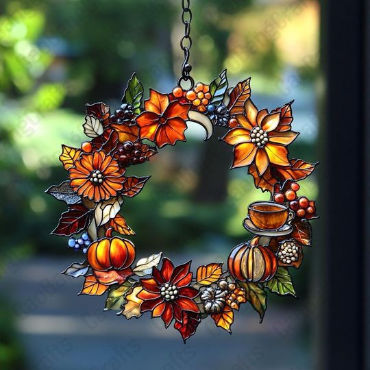 Fall Pumpkin Sunflower Wreath Acrylic Window Hanging, Autumn Leaf Suncatcher Decor for Thanksgiving or Halloween Home Decoration