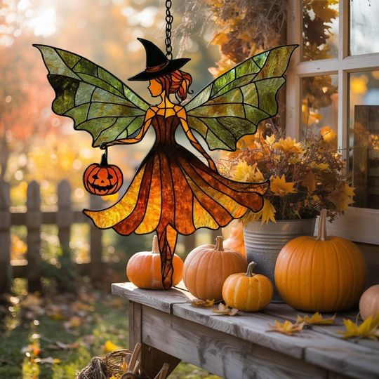 Discover Autumn Fairy Acrylic Suncatcher - Fall Faux Stained Glass Window Hanging With Pumpkin Lantern - Woodland Decor, Halloween decor gift