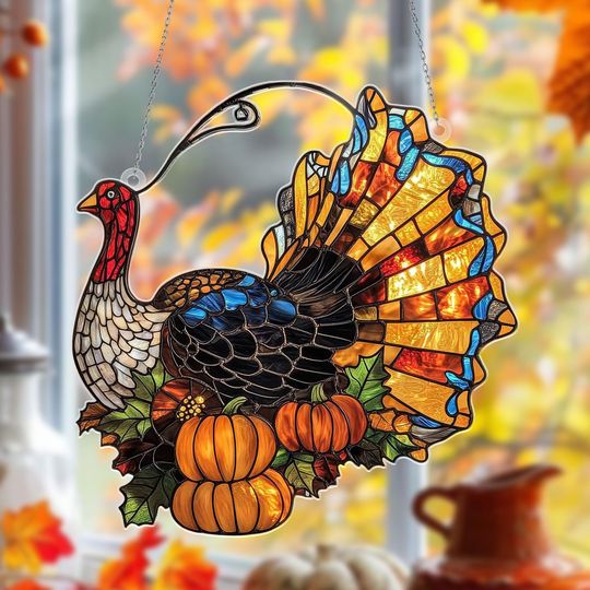 Thanksgiving Turkey Suncatcher: Acrylic Fall Window Hanging with Pumpkins