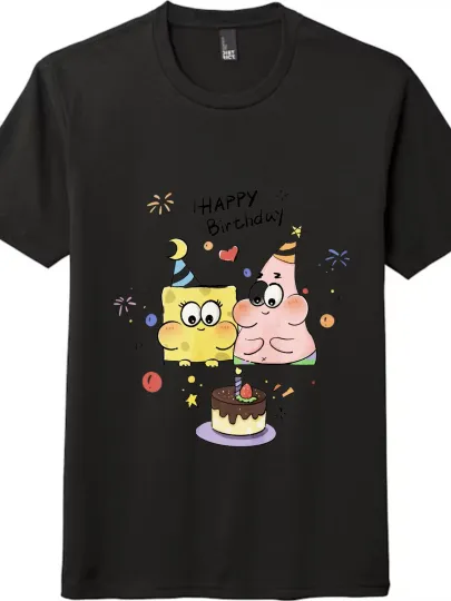 SpongeBob and Patrick Star Birthday-Themed Tee Cartoon Casual Short-Sleeved Tee