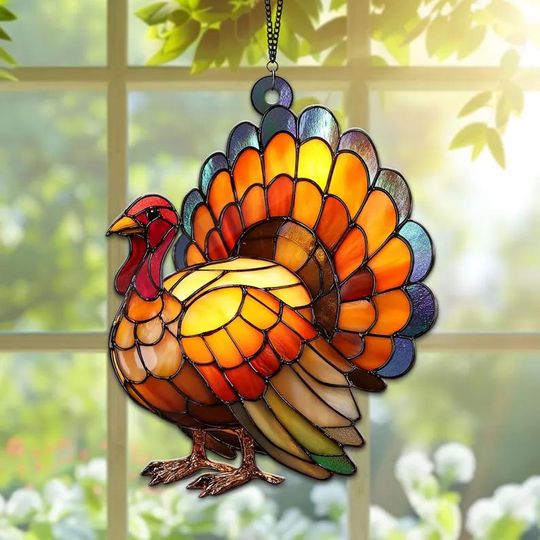 Thanksgiving Ornament Gift Turkey Stained Glass Suncatcher, Thanksgiving Window Hanging Decoration Autumn Harvest Home Decor, Fall Gift Idea