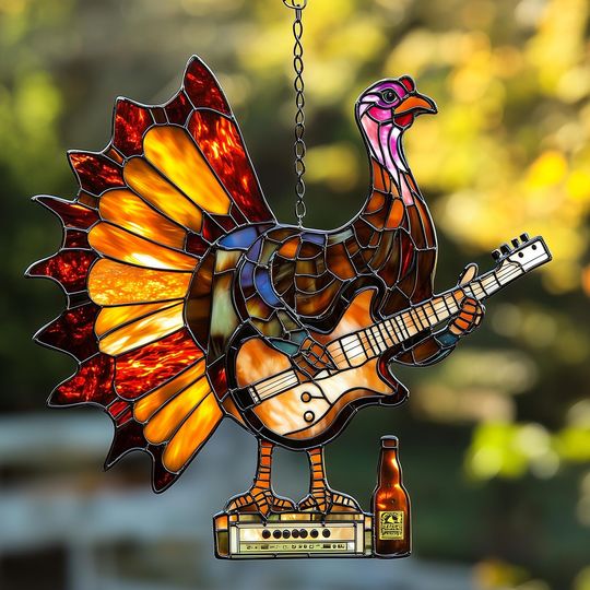 Guitar Turkey Acrylic Suncatcher, Faux Stained Glass Fall Window Decor, Musician Gift For Thanksgiving, Funny Gift For Him
