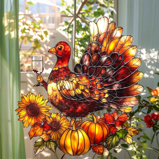 Thanksgiving Turkey ACRYLIC Suncatcher, Faux Stained Glass Window Hanging, Fall Harvest Pumpkin and Sunflower Holiday Decor