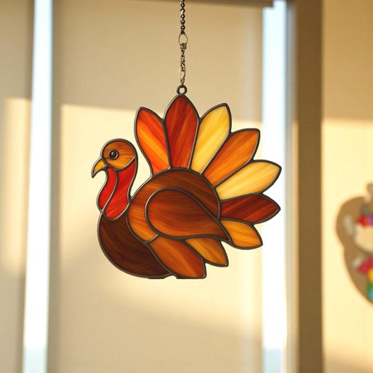 Glowing Stained Glass Turkey Suncatcher  Handmade Autumn Window Art | Thanksgiving Fall Decor | Harvest Boho Gift Idea| Turkey Feather