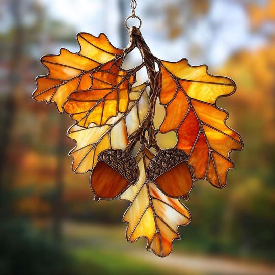 Acorn & Maple Leaf Acrylic Suncatcher, Autumn Window Hanging Decoration for Fall Harvest, Farmhouse Thanksgiving Home Decor