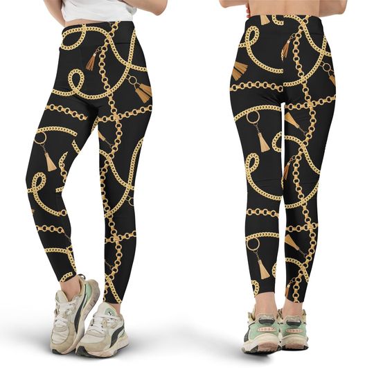 Discover Golden Chain Leggings, Tassle Pattern, All Over Print, Luxury, Elegant, Cute Workout Clothes, Yoga Pants, Alternative Apparel