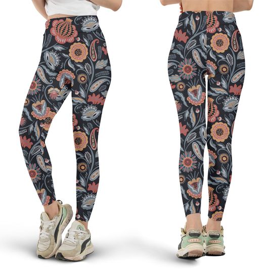 Discover Floral Folk Boho Leggings, Paisley Pattern, All Over Print, Bohemian, Hippie Clothes, Cute Workout, Yoga Pants, Cottagecore