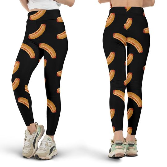 Discover Black Hotdog Pattern Leggings, Workout Leggings, Gift for Her