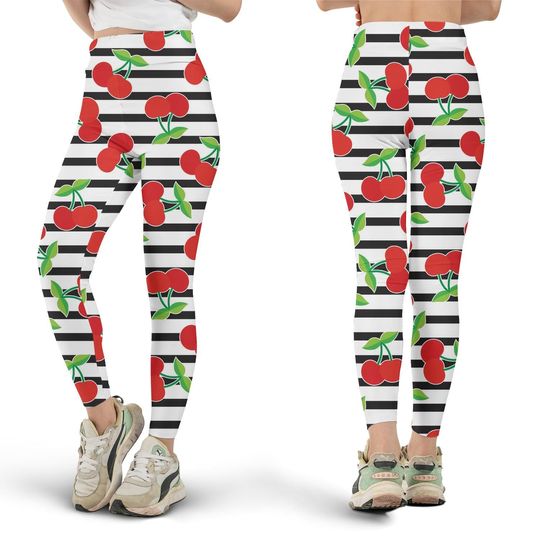Discover Cherry Stripe Leggings, Workout Leggings, Gift for Her
