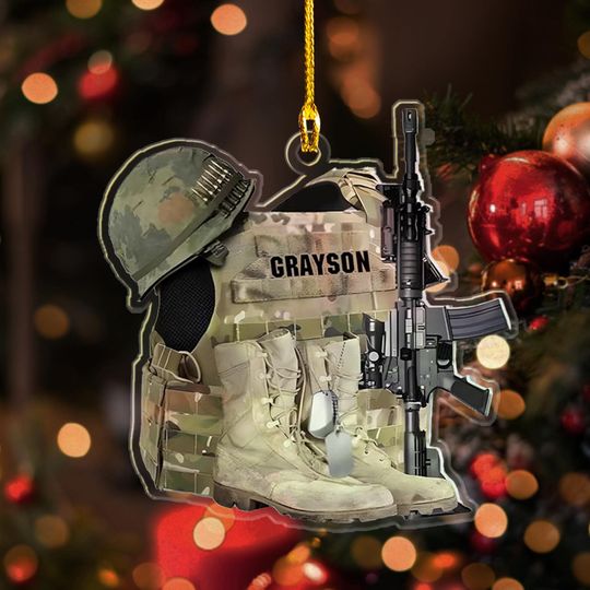 Discover Custom Name Veteran Uniform Boots Helmet 2D Flat Christmas Ornament, Personalized Veteran Uniform Boots Hat Ornament, Veteran Tree Decor