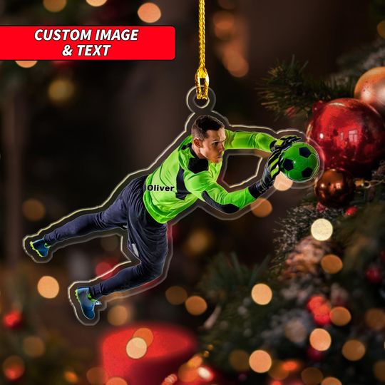 Discover Personalized Soccer Goalkeeper Goalie Goaltender Keeper Boy Ornament, Custom Image Soccer Ornament 2024, Moment 2D Flat Christmas Ornament