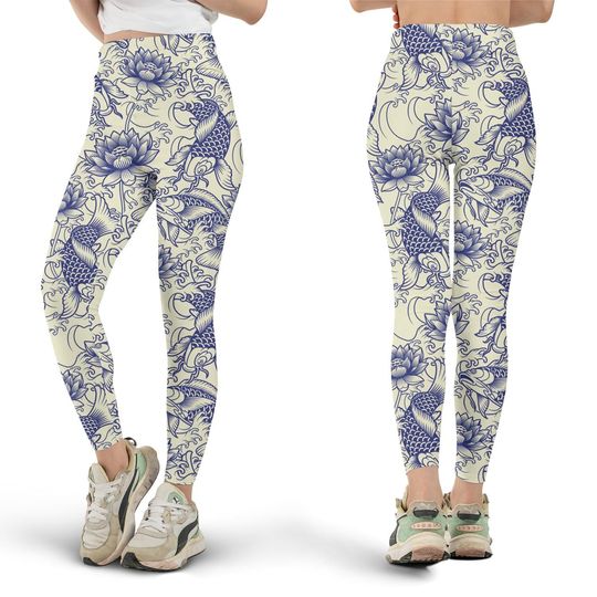Discover Japanese Koi Fish Leggings, Lotus Print, All Over Print, Asian Art, Koi Pond, Cute Workout Leggings, Yoga Pants, Yoga Pants