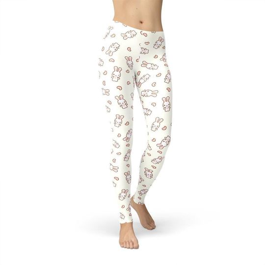 Bunny Leggings, Hearts Pattern, Cute Rabbit, Easter Leggings, Valentine's Day, Yoga Pants, Gift for Her