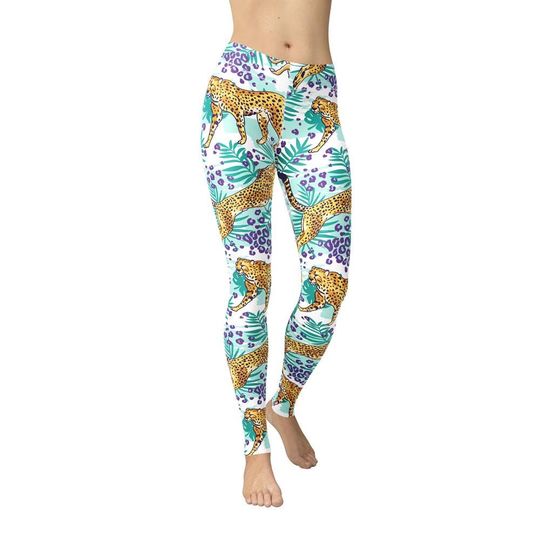 Palm Leaves & Cheetah Leggings,Tropical Animal Print