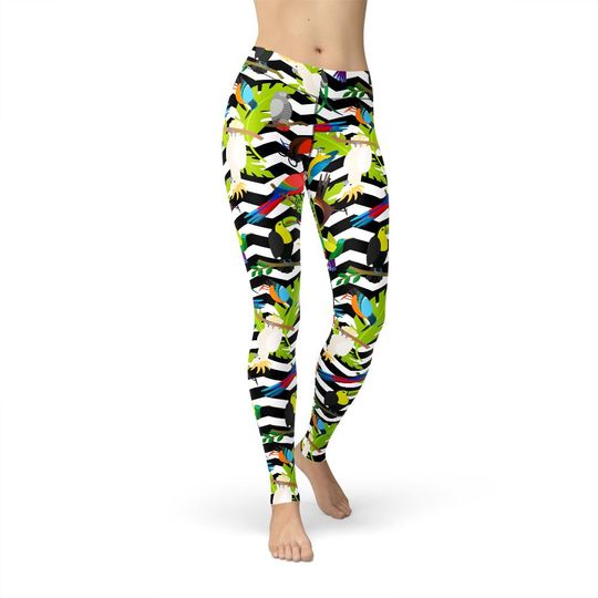 Discover Colorful Parrot Zigzag Leggings, All Over Print, Tropical Bird, Hippie Style, Boho Fashion, Yoga Pants, Cute Workout, Gift for Her