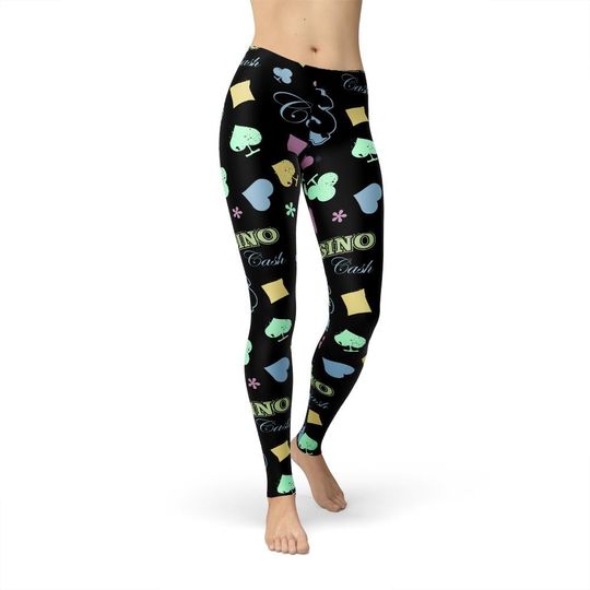 Discover Black Casino Leggings, All Over Print, Card Pattern, Gambling, Poker Night, Casino Games, Yoga Pants, Fun Workout, Card Player Gift