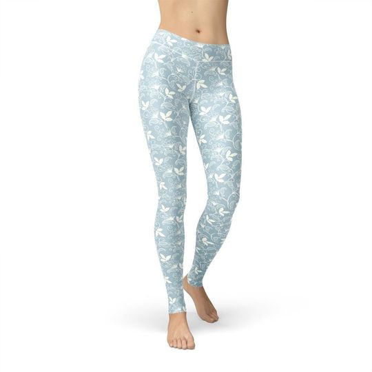 Winter Blue Floral Leggings, Workout Leggings, Gift for Her