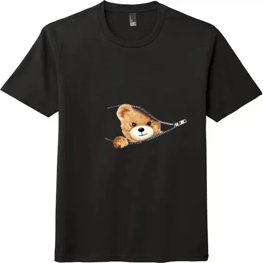 Discover Peeking Teddy Bear Zipper Graphic Unisex Tee