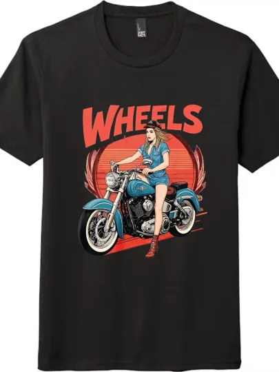 Discover "Wheels" Motorcycle Girl Printed Tee, Retro, Trendy